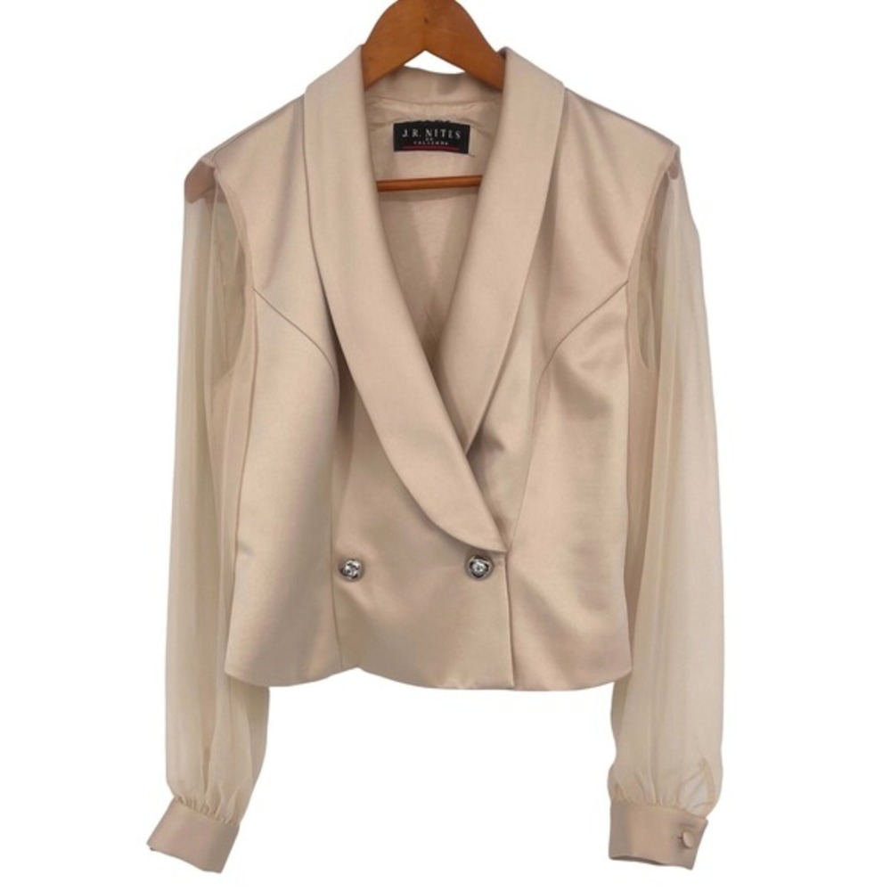Vintage JR Nites by Caliendo Women Blazer Beige Satin Sheer Sleeve Formal Retro